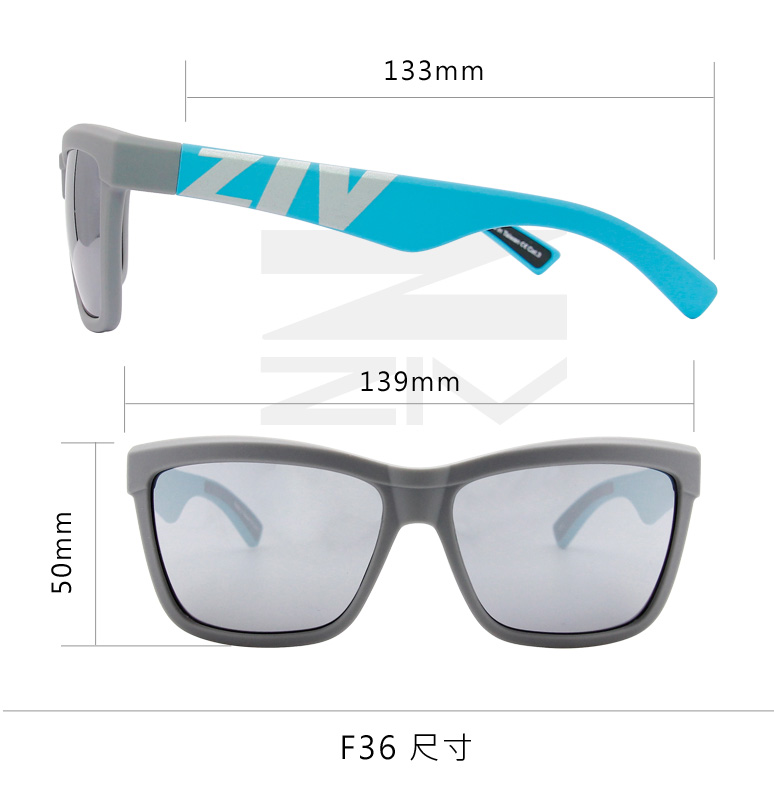 ZIV墨鏡 霧灰藍 編號F37 正視角度及測試角度尺寸說明圖